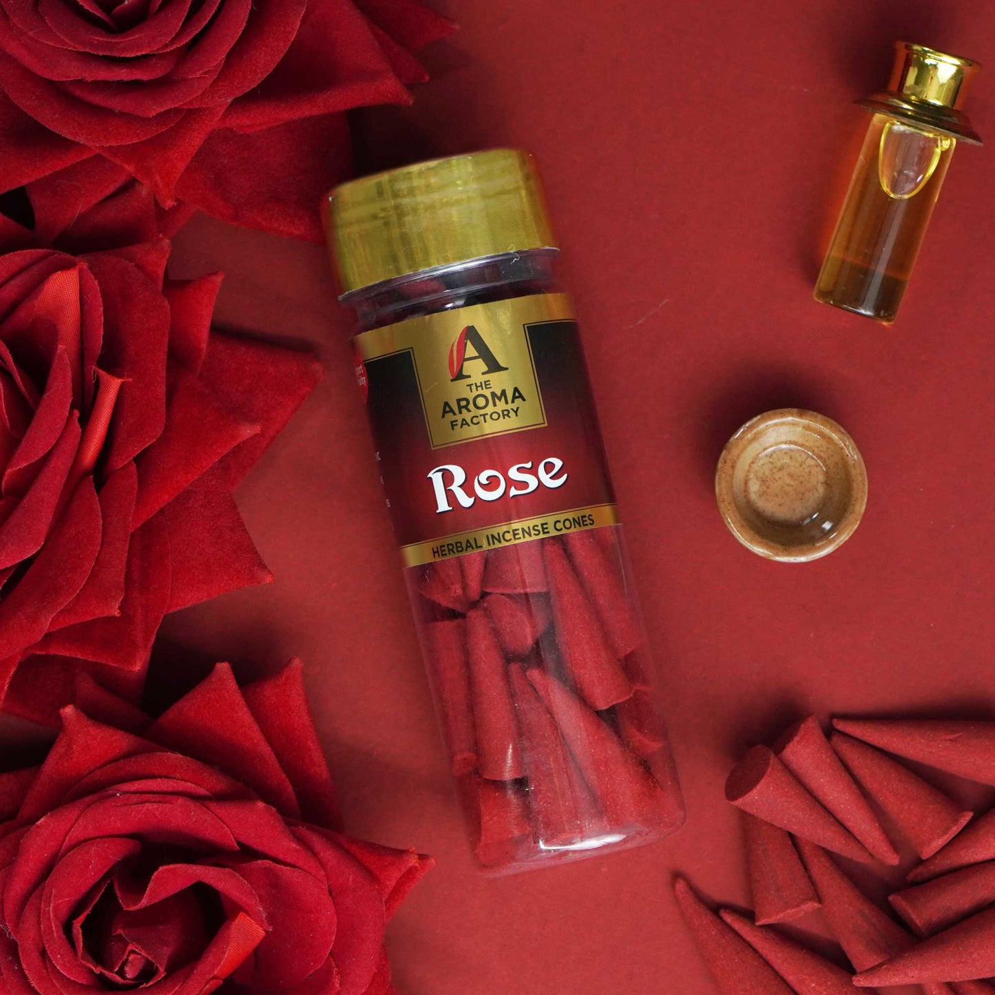 The Aroma Factory  Rose Incense Cone (0% Charcoal 0% Suphates Herbal Dhoop) Free Holder Bottle Pack, 30 Cones