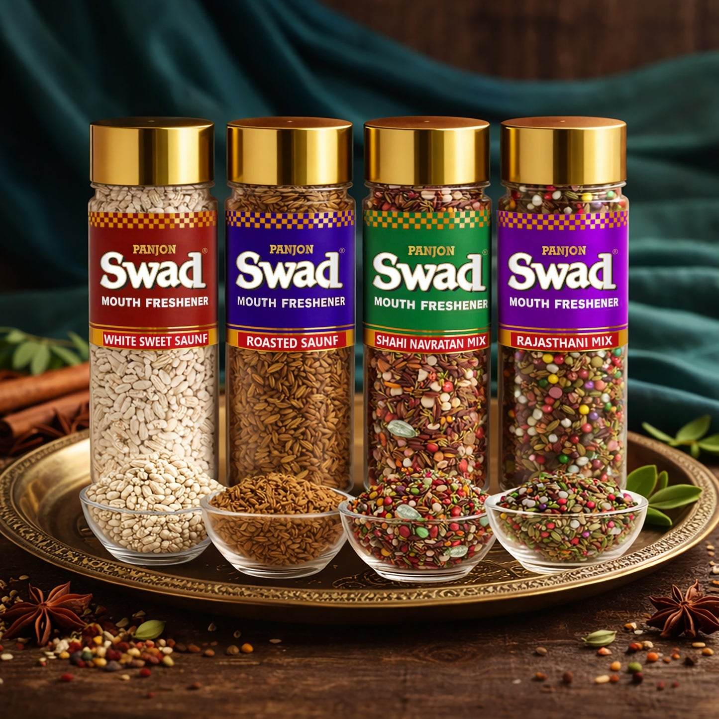 Swad Mouth Freshener Combo White Sweet Saunf, Roasted Saunf, Navaratan Mix & Rajasthani Mukhwas, 4 bottle