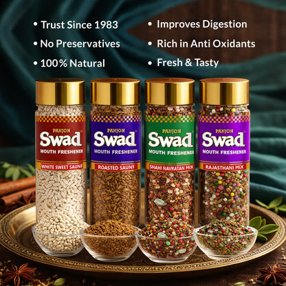 Swad Mouth Freshener Combo White Sweet Saunf, Roasted Saunf, Navaratan Mix & Rajasthani Mukhwas, 4 bottle