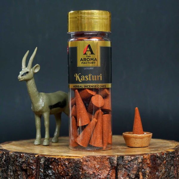 The Aroma Factory Kasturi Musk Incense Cone (0% Charcoal 0% Suphates Herbal Dhoop) Free Holder Bottle Pack, 30 Cones