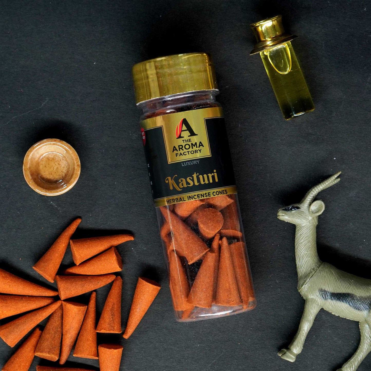The Aroma Factory Kasturi Musk Incense Cone (0% Charcoal 0% Suphates Herbal Dhoop) Free Holder Bottle Pack, 30 Cones
