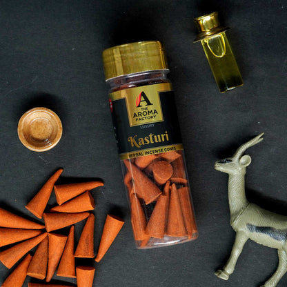 The Aroma Factory Kasturi Musk Incense Cone (0% Charcoal 0% Suphates Herbal Dhoop) Free Holder Bottle Pack, 30 Cones