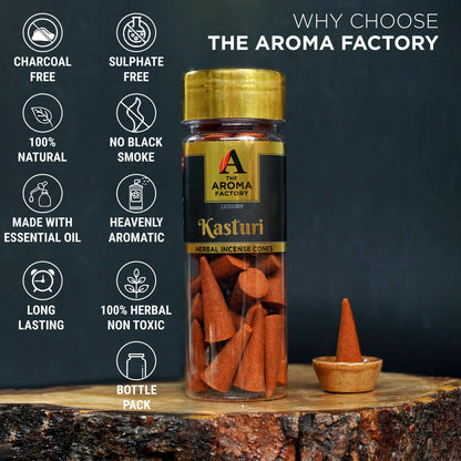 The Aroma Factory Kasturi Musk Incense Cone (0% Charcoal 0% Suphates Herbal Dhoop) Free Holder Bottle Pack, 30 Cones
