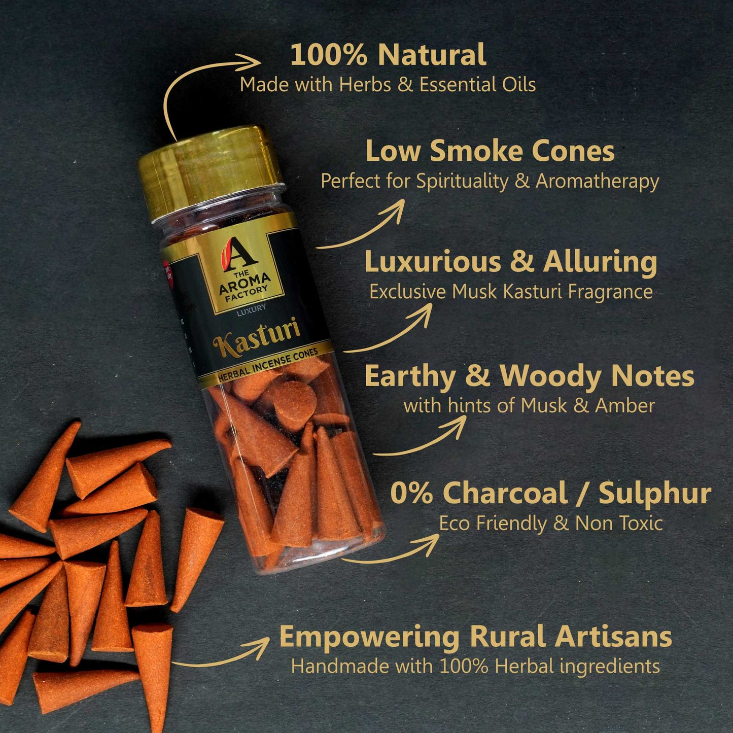 The Aroma Factory Kasturi Musk Incense Cone (0% Charcoal 0% Suphates Herbal Dhoop) Free Holder Bottle Pack, 30 Cones