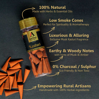 The Aroma Factory Kasturi Musk Incense Cone (0% Charcoal 0% Suphates Herbal Dhoop) Free Holder Bottle Pack, 30 Cones