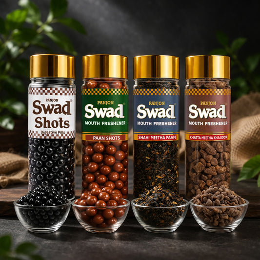 Swad Mouth Freshener Combo Digestive Shot, Paan Shots, Shahi Meetha Paan Mukhwas & Khajoor, 4 bottle