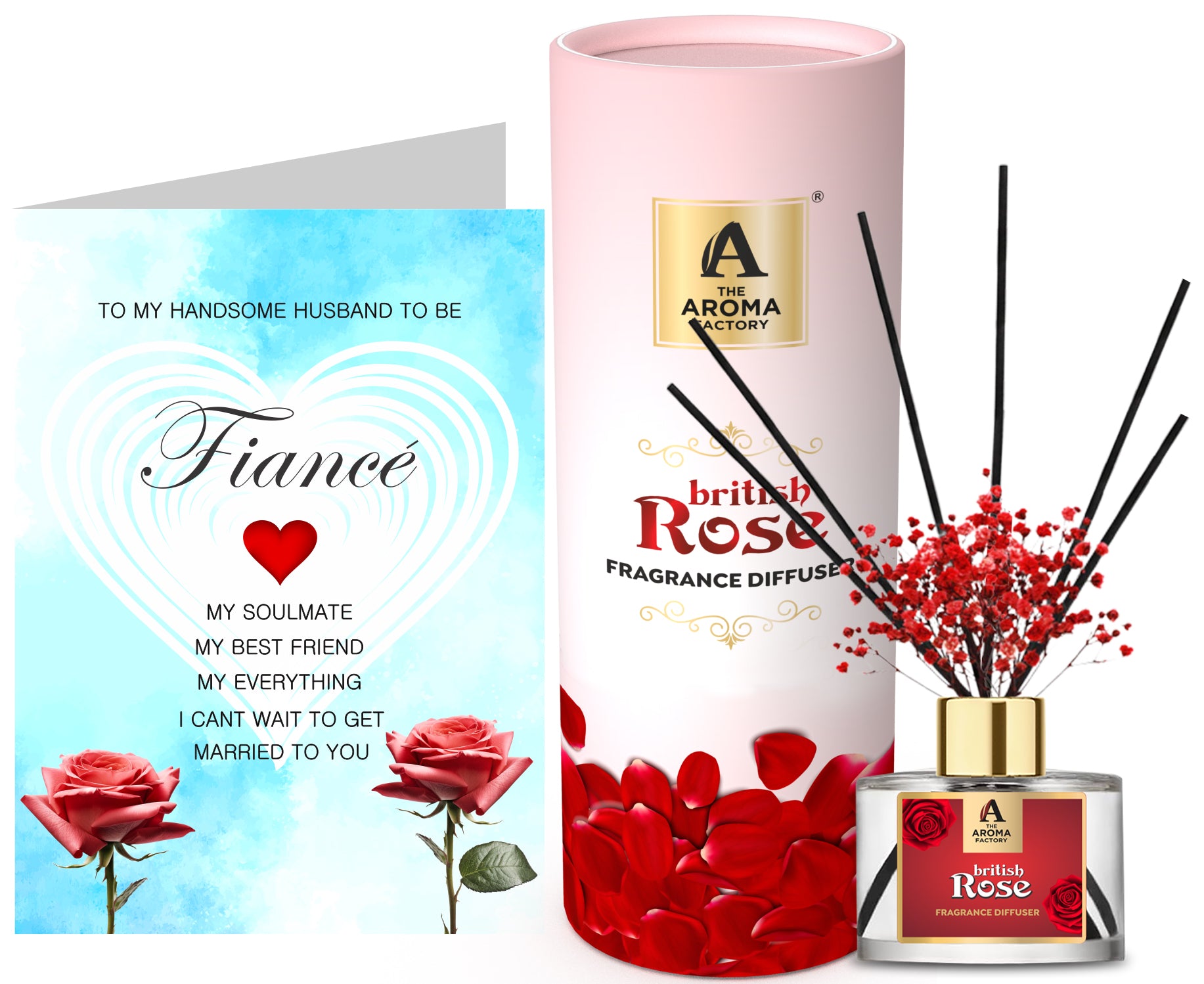 The Aroma Factory Gift for Fiance Male/Husband to be with Card, British Rose Fragrance Reed Diffuser Set (1 Box &1 Card)