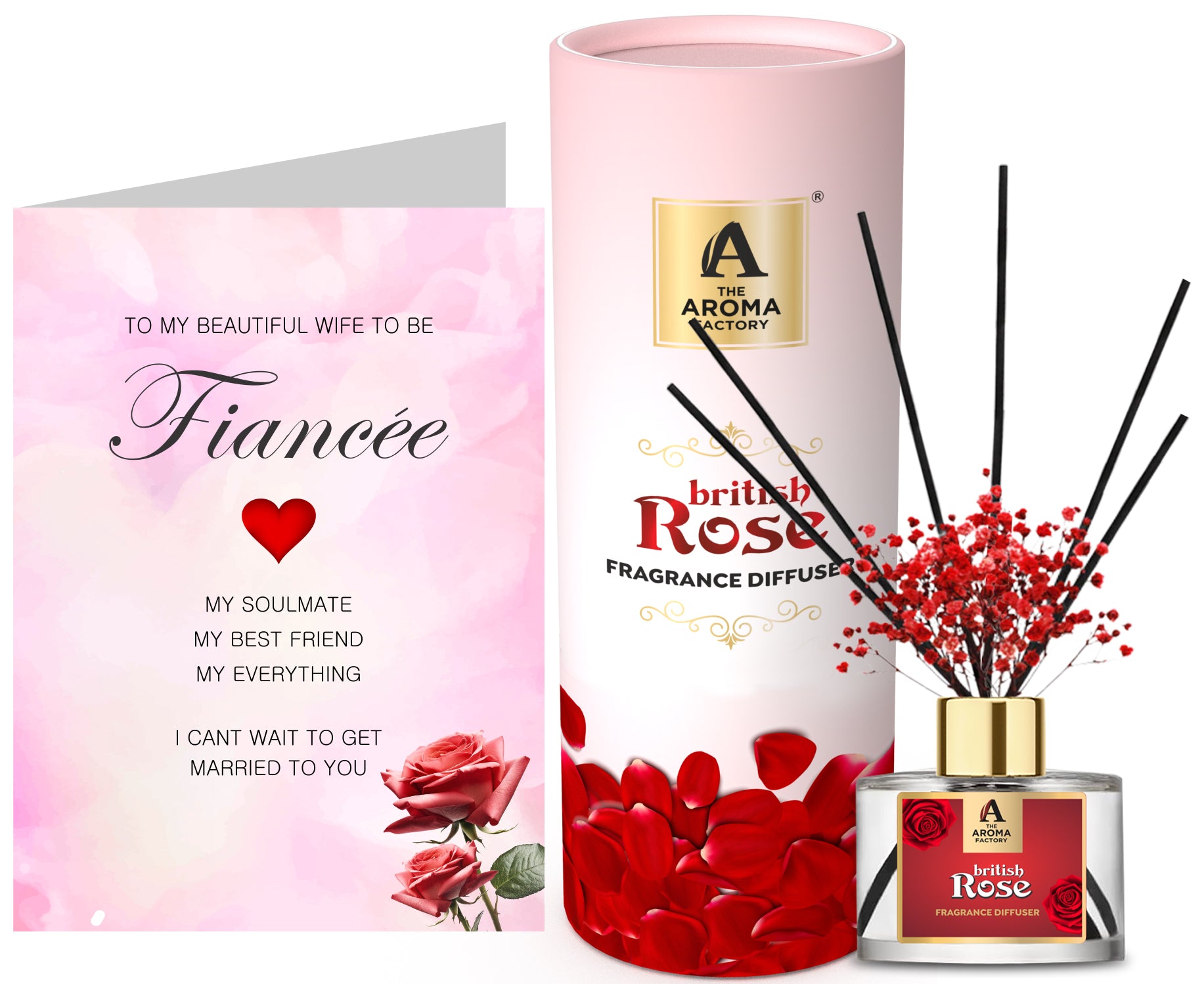 The Aroma Factory Gift for Fiancee Female/Wife to be with Card, British Rose Fragrance Reed Diffuser Set (1 Box &1 Card)