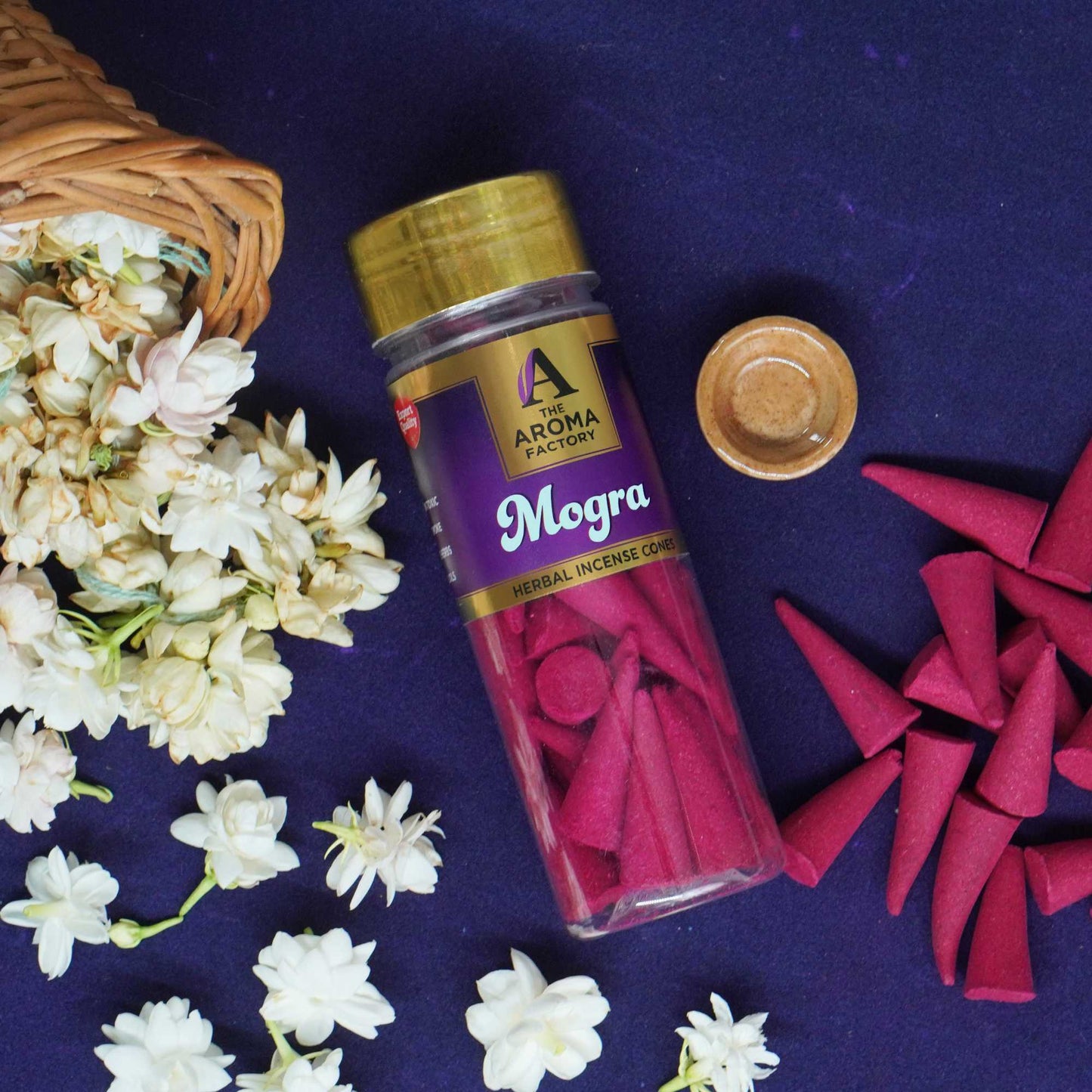 The Aroma Factory Mogra Incense Cone (0% Charcoal 0% Suphates Herbal Dhoop) Free Holder Bottle Pack, 30 Cones