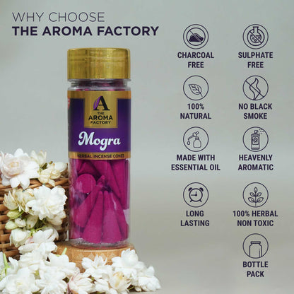 The Aroma Factory Mogra Incense Cone (0% Charcoal 0% Suphates Herbal Dhoop) Free Holder Bottle Pack, 30 Cones