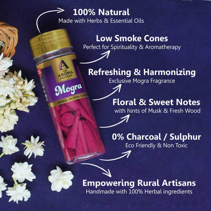 The Aroma Factory Mogra Incense Cone (0% Charcoal 0% Suphates Herbal Dhoop) Free Holder Bottle Pack, 30 Cones