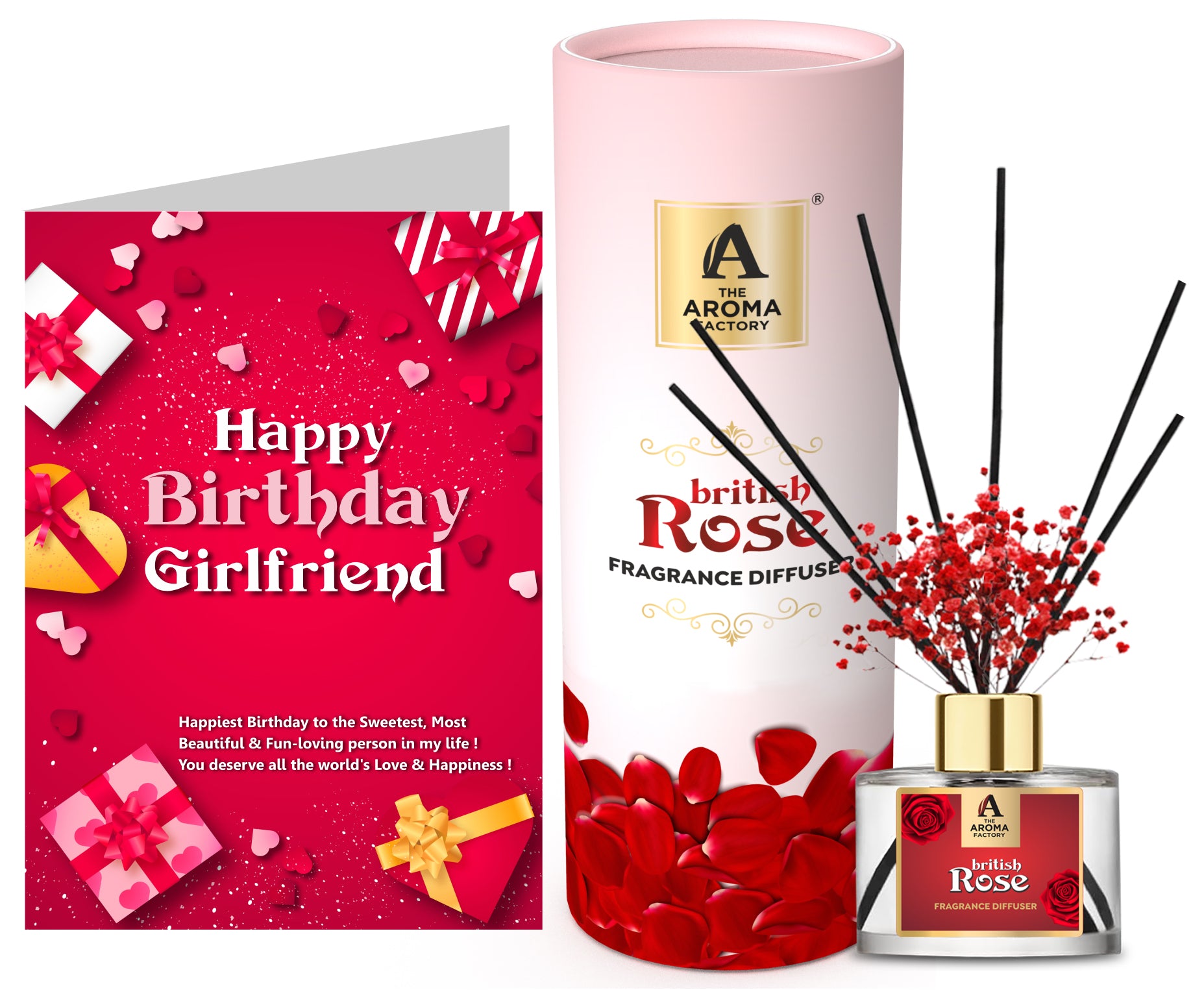 The Aroma Factory Happy Birthday Girl Friend Gift with Card, British Rose Fragrance Reed Diffuser Set (1 Box + 1 Card)