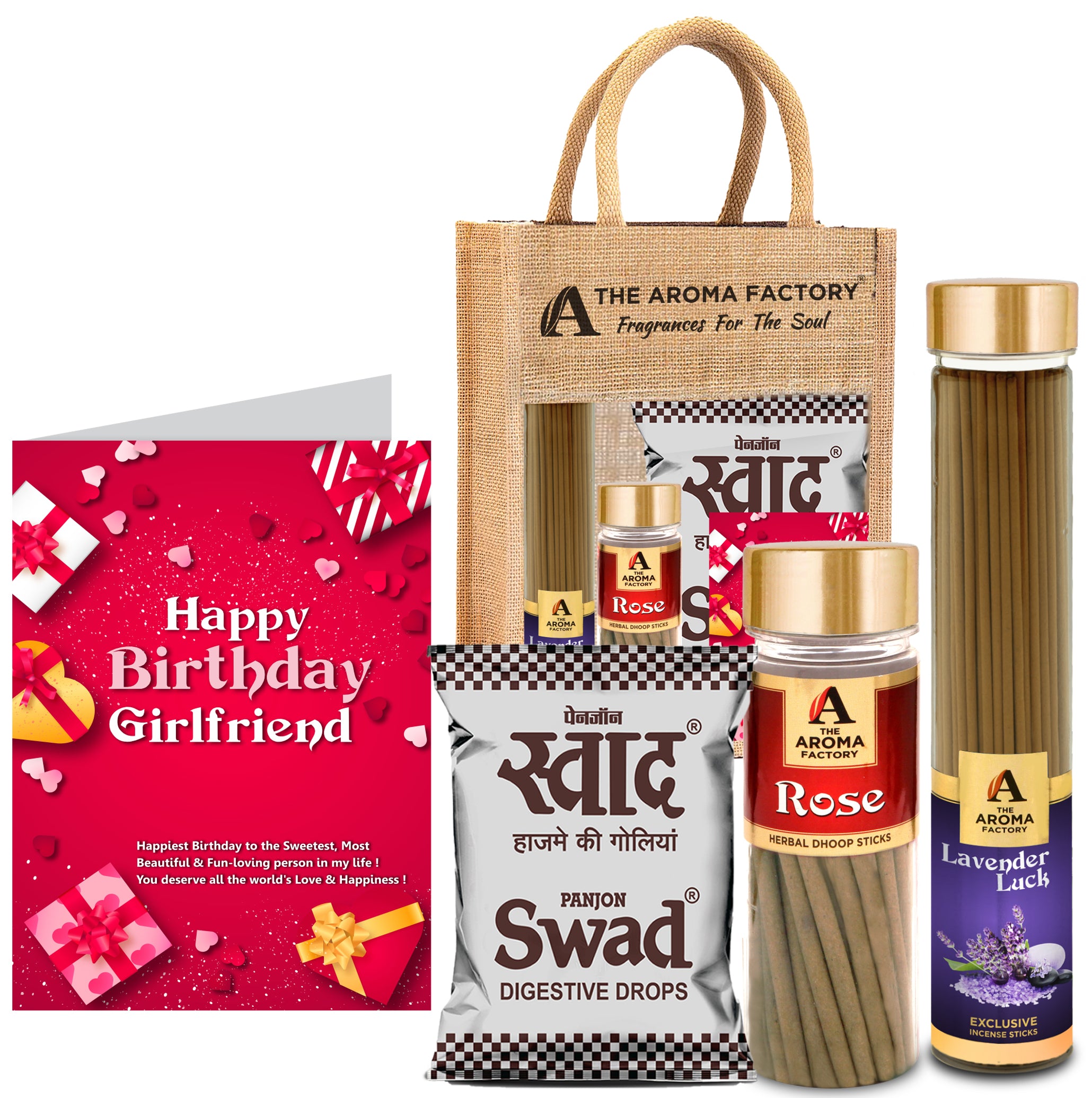 The Aroma Factory Happy Birthday Girl Friend Gift with Card (25 Swad Candy, Lavender Agarbatti Bottle, Rose Dhoopbatti) in Jute Bag
