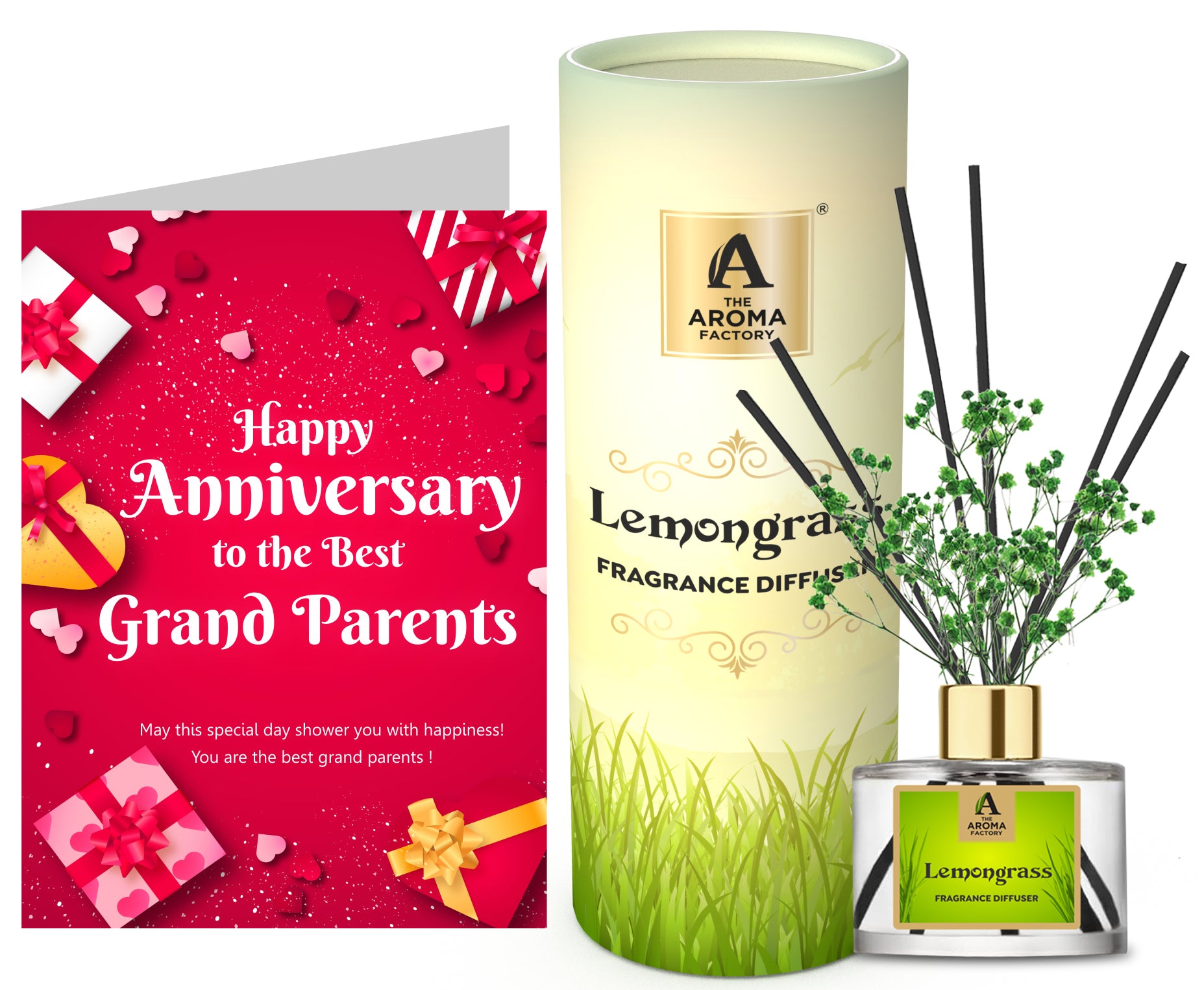 The Aroma Factory Happy Anniversary Dada Dadi Grand Parents Gift with Card, Lemongrass Fragrance Reed Diffuser Set (1 Box + 1 Card)