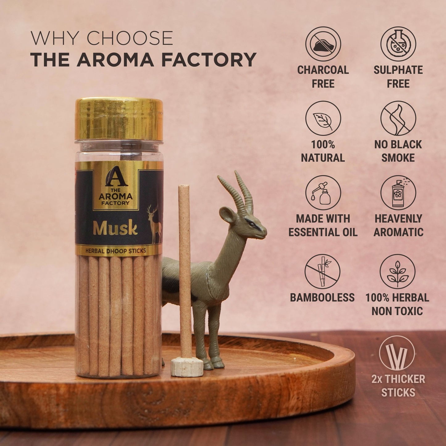 The Aroma Factory Kasturi Musk Dhoop Stick (0% Charcoal 0% Suphates) Herbal Bambooless Incense Dhoopbatti Bottle Pack, 100 g