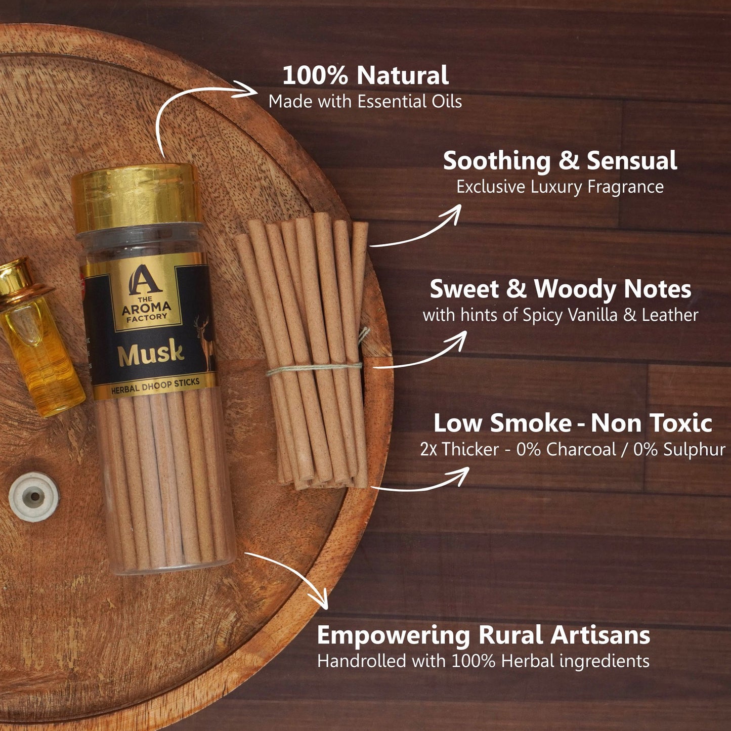The Aroma Factory Kasturi Musk Dhoop Stick (0% Charcoal 0% Suphates) Herbal Bambooless Incense Dhoopbatti Bottle Pack, 100 g