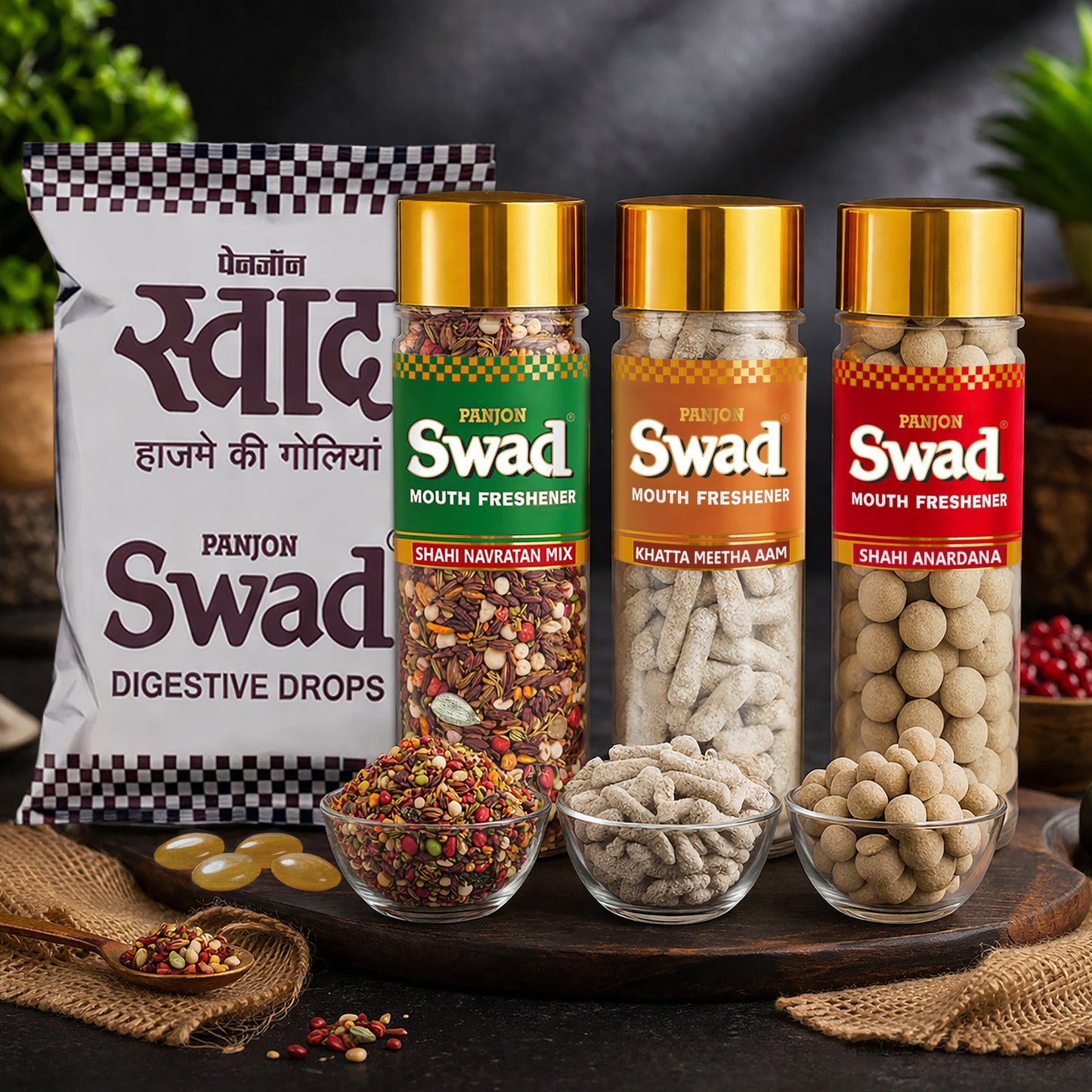 Swad Digestive Candy Pouch (25pcs) Navaratan Mukhwas, Khatta Meetha Aam Papad & Anardana Goli Mouth Freshener, 4 units