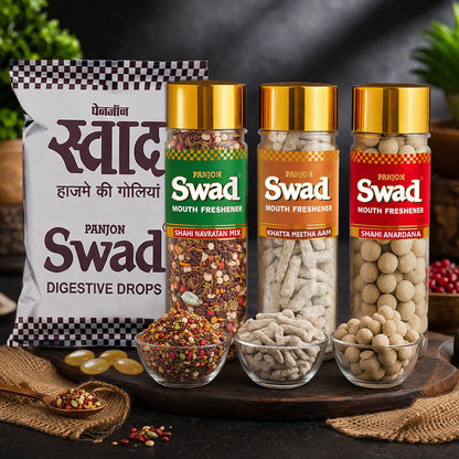 Swad Digestive Candy Pouch (25pcs) Navaratan Mukhwas, Khatta Meetha Aam Papad & Anardana Goli Mouth Freshener, 4 units