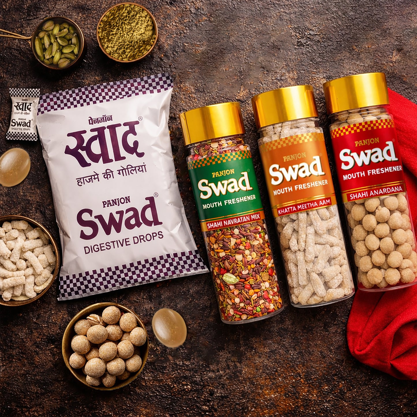 Swad Digestive Candy Pouch (25pcs) Navaratan Mukhwas, Khatta Meetha Aam Papad & Anardana Goli Mouth Freshener, 4 units