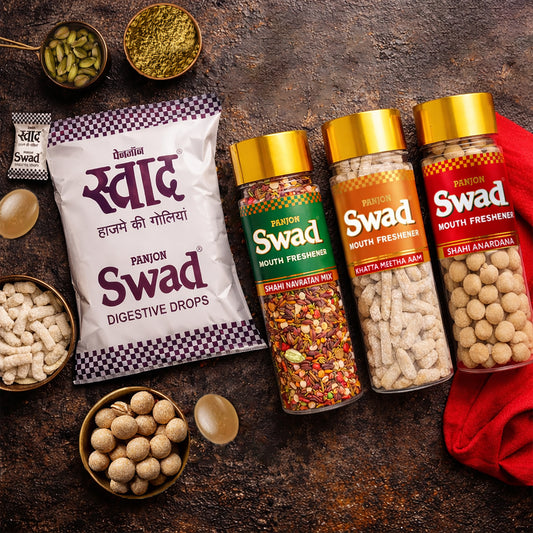 Swad Digestive Candy Pouch (25pcs) Navaratan Mukhwas, Khatta Meetha Aam Papad & Anardana Goli Mouth Freshener, 4 units