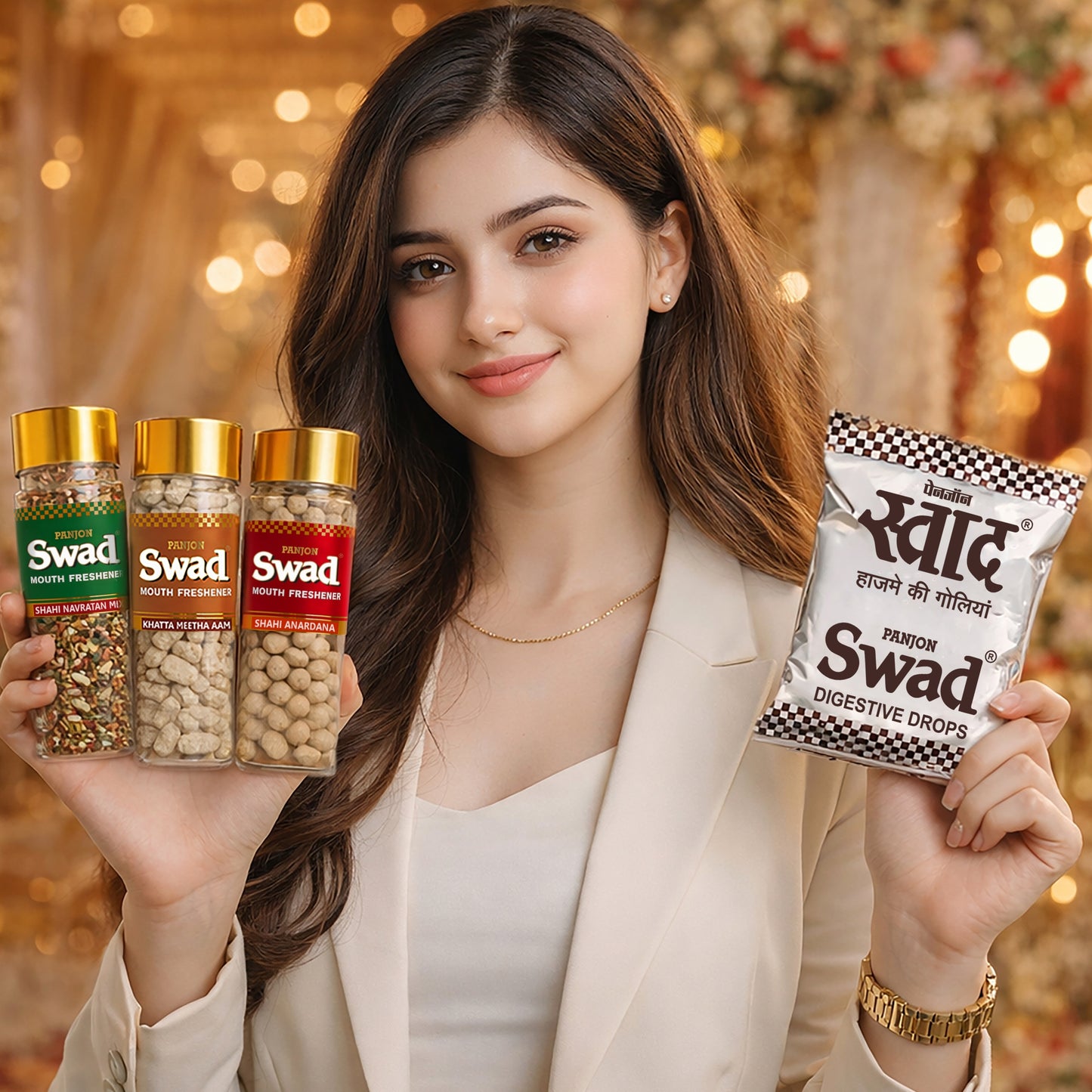 Swad Digestive Candy Pouch (25pcs) Navaratan Mukhwas, Khatta Meetha Aam Papad & Anardana Goli Mouth Freshener, 4 units