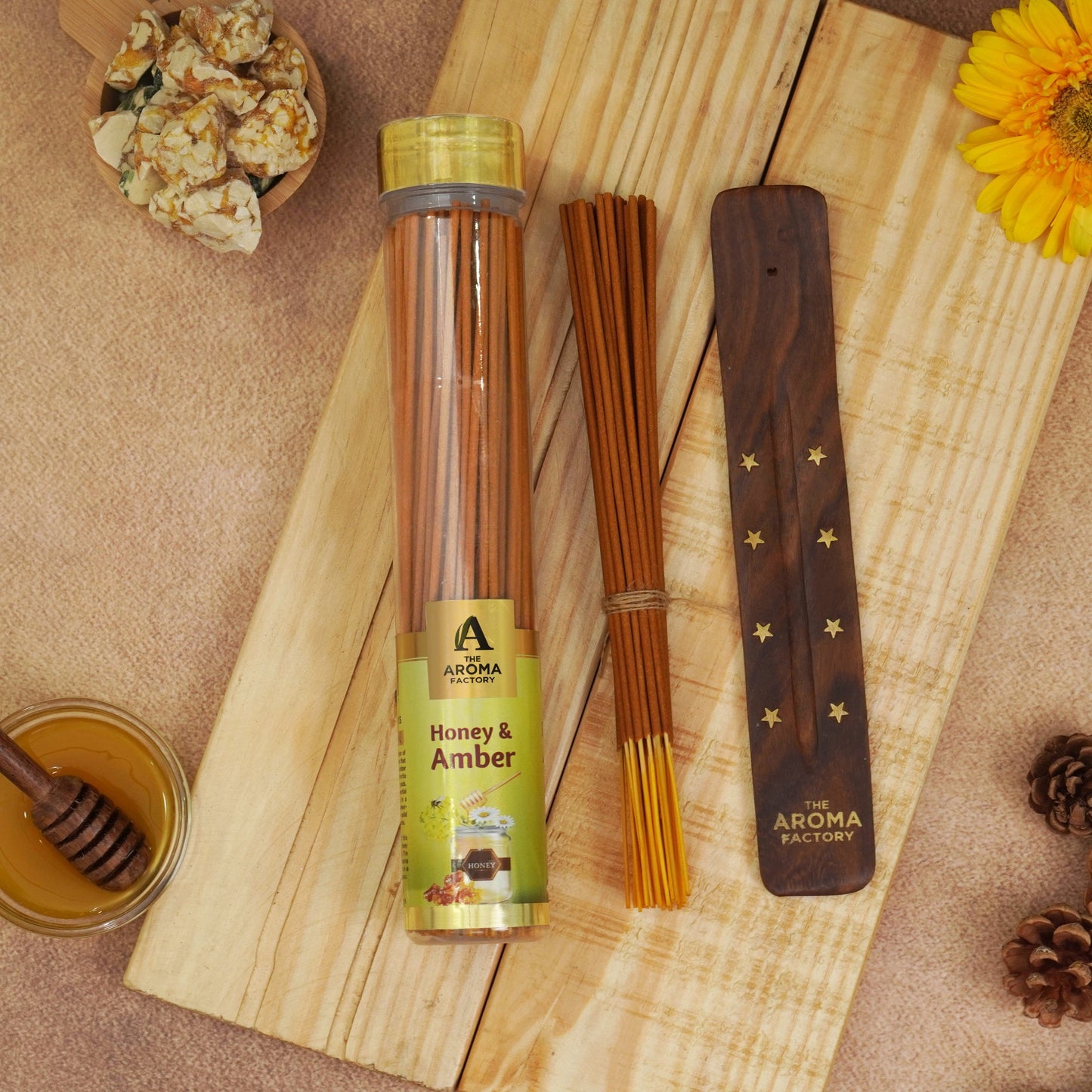 The Aroma Factory Honey & Amber Incense Stick (0% Charcoal 0% Sulphates) Herbal Agarbatti Bottle Pack, 100G