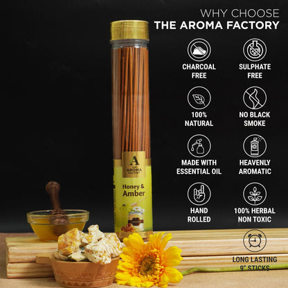 The Aroma Factory Honey & Amber Incense Stick (0% Charcoal 0% Sulphates) Herbal Agarbatti Bottle Pack, 100G