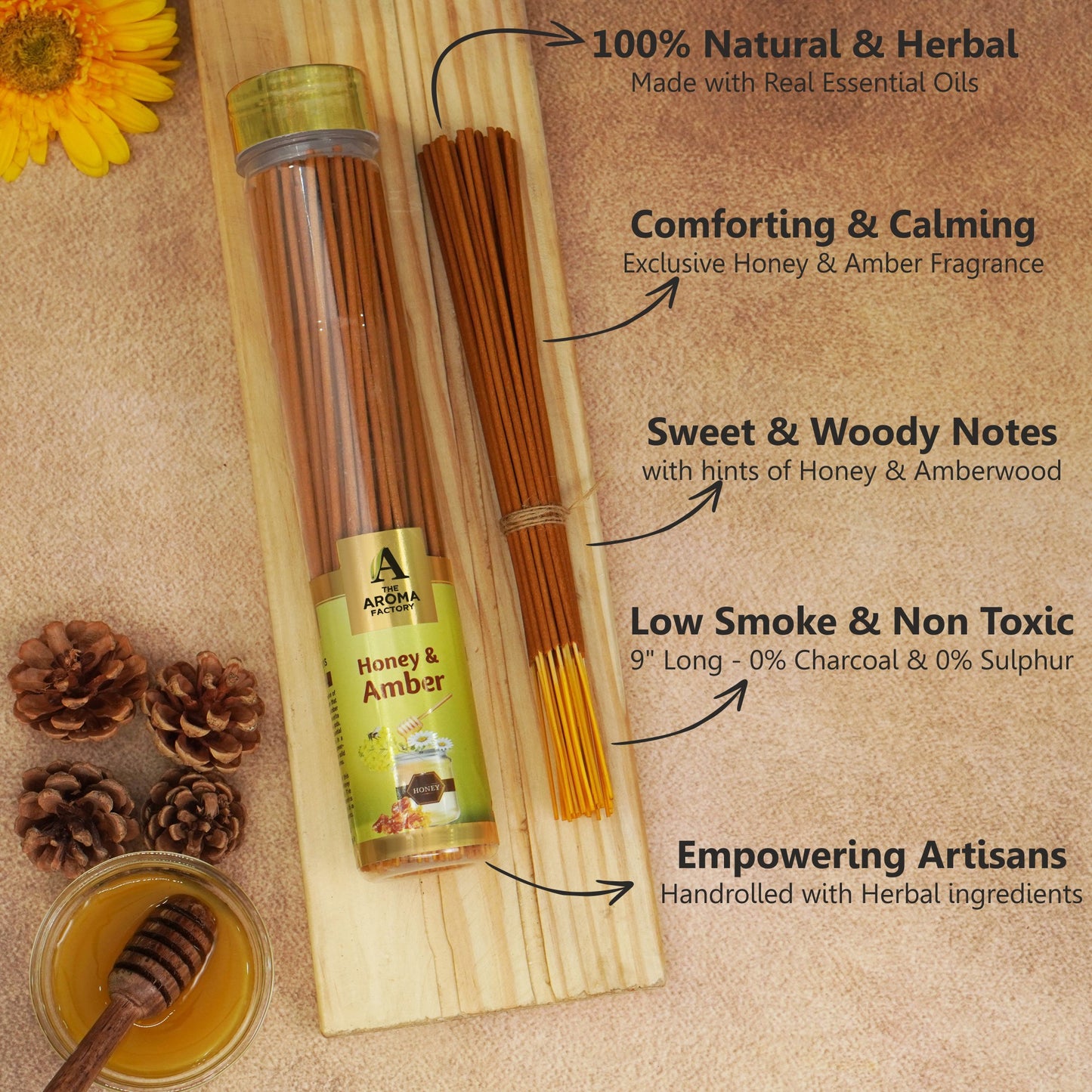 The Aroma Factory Honey & Amber Incense Stick (0% Charcoal 0% Sulphates) Herbal Agarbatti Bottle Pack, 100G