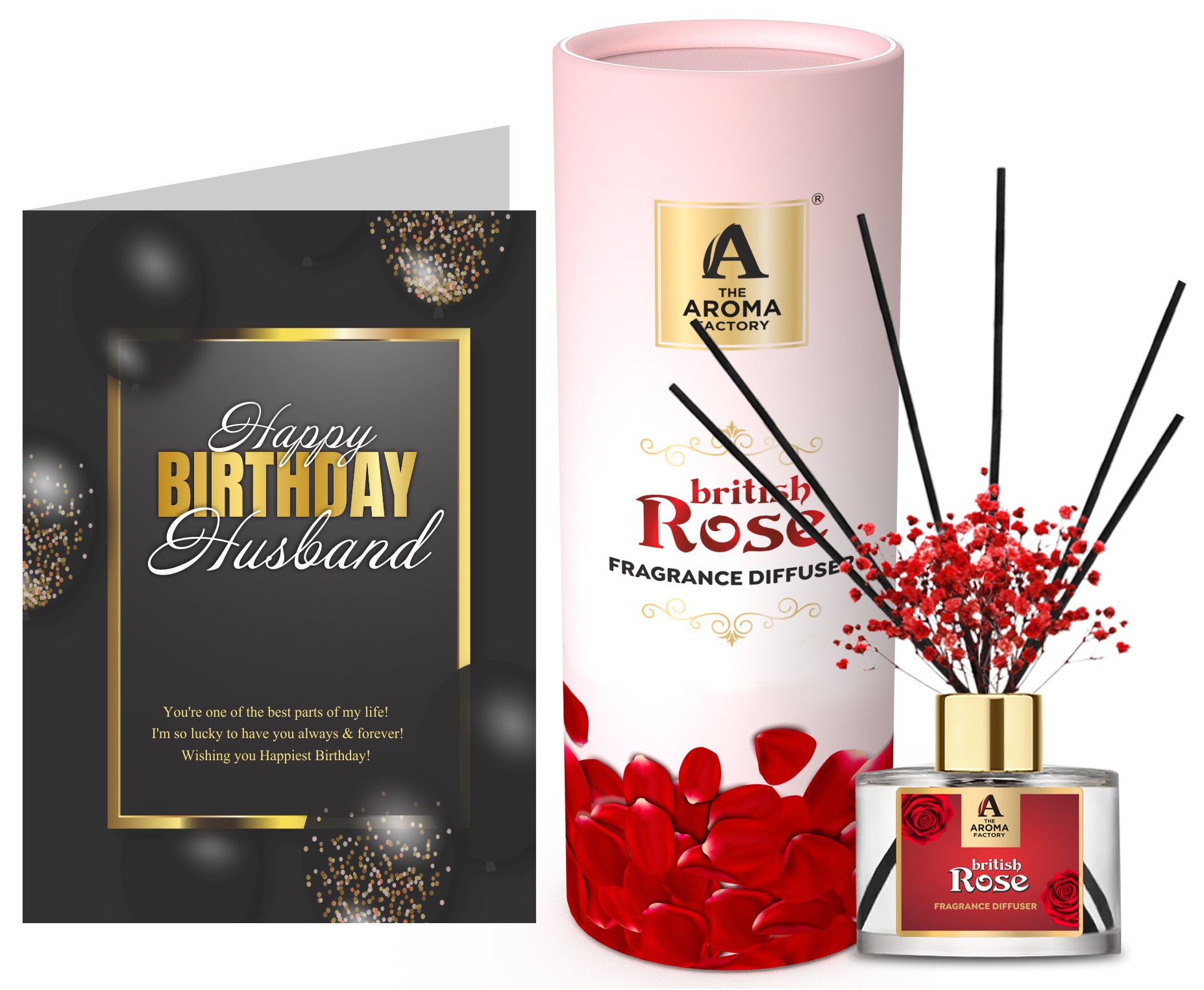 The Aroma Factory Happy Birthday Husband Gift with Card, British Rose Fragrance Reed Diffuser Set (1 Box + 1 Card)