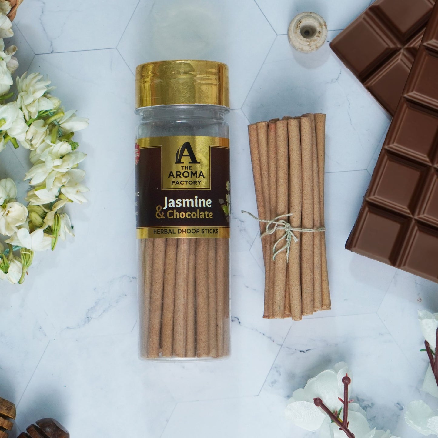 The Aroma Factory Jasmine & Chocolate Dhoop Stick (0% Charcoal 0% Suphates) Herbal Incense Dhoopbatti Bottle Pack, 100 g