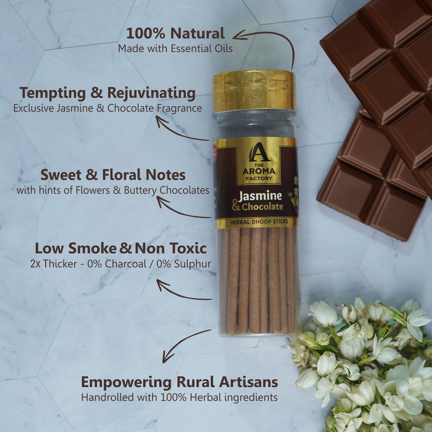 The Aroma Factory Jasmine & Chocolate Dhoop Stick (0% Charcoal 0% Suphates) Herbal Incense Dhoopbatti Bottle Pack, 100 g