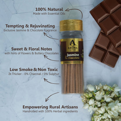 The Aroma Factory Jasmine & Chocolate Dhoop Stick (0% Charcoal 0% Suphates) Herbal Incense Dhoopbatti Bottle Pack, 100 g