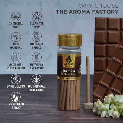 The Aroma Factory Jasmine & Chocolate Dhoop Stick (0% Charcoal 0% Suphates) Herbal Incense Dhoopbatti Bottle Pack, 100 g