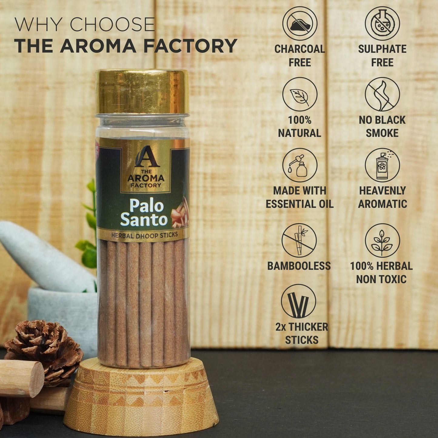 The Aroma Factory Palo Santo Dhoop Stick (0% Charcoal 0% Suphates) Herbal Burn Incense Dhoopbatti Bottle Pack, 100 g