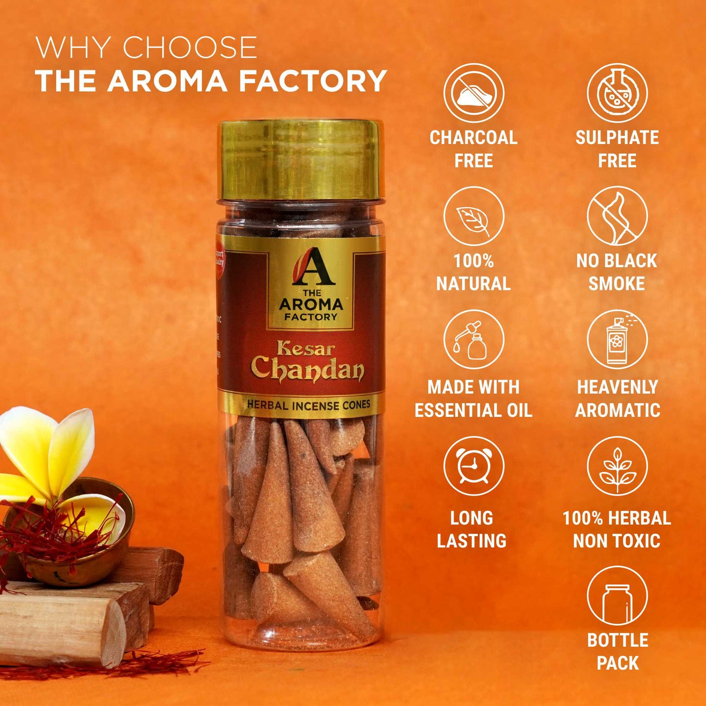 The Aroma Factory Kesar Chandan Incense Cone (0% Charcoal 0% Suphates Saffron Sandal Herbal Dhoop) Free Holder Bottle Pack, 30 Cones