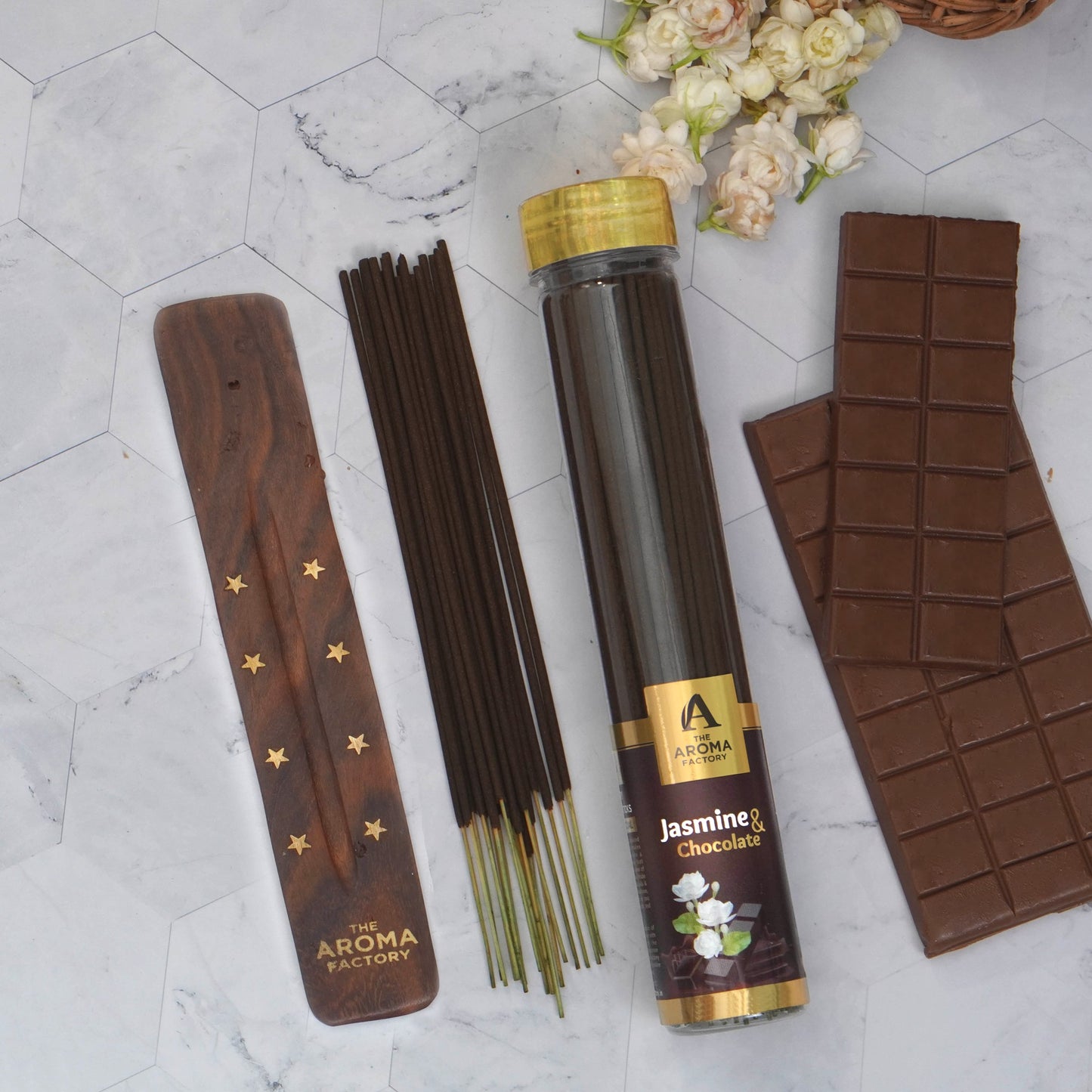 The Aroma Factory Jasmine & Chocolate Incense Stick (0% Charcoal 0% Sulphates) Herbal Agarbatti Bottle Pack, 100G
