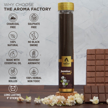 The Aroma Factory Jasmine & Chocolate Incense Stick (0% Charcoal 0% Sulphates) Herbal Agarbatti Bottle Pack, 100G