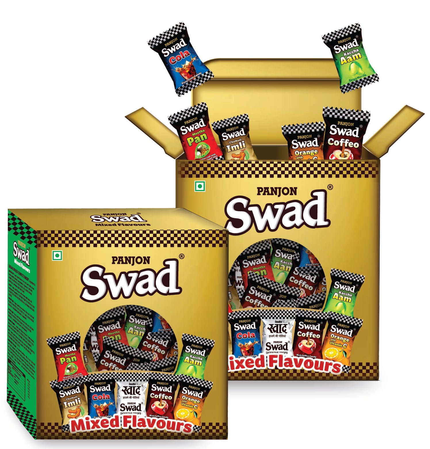 Swad Gift Box, Mixed Flavours Candy (Imli, Pan, Kaccha Aam, Coffee, Cola, Orange) 125 Toffee x 2 Box Pack