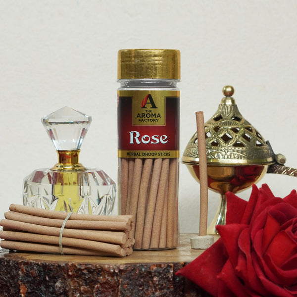 The Aroma Factory Rose Dhoop Stick (0% Charcoal 0% Suphates) Herbal Bambooless Incense Dhoopbatti Bottle Pack, 100g