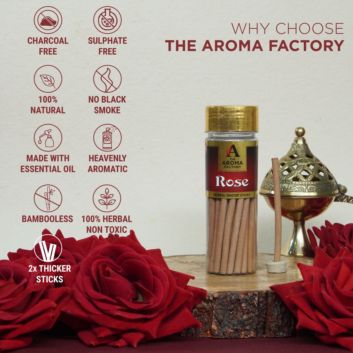 The Aroma Factory Rose Dhoop Stick (0% Charcoal 0% Suphates) Herbal Bambooless Incense Dhoopbatti Bottle Pack, 100g