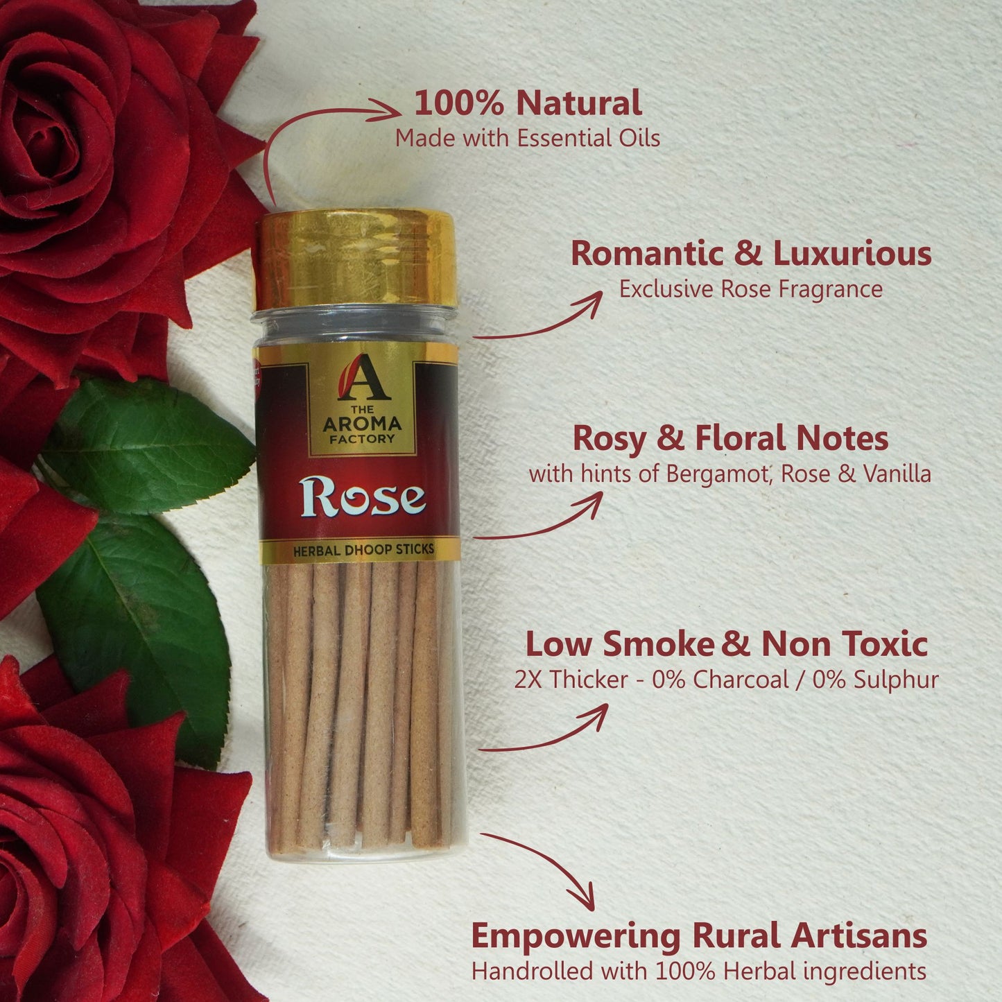 The Aroma Factory Rose Dhoop Stick (0% Charcoal 0% Suphates) Herbal Bambooless Incense Dhoopbatti Bottle Pack, 100g