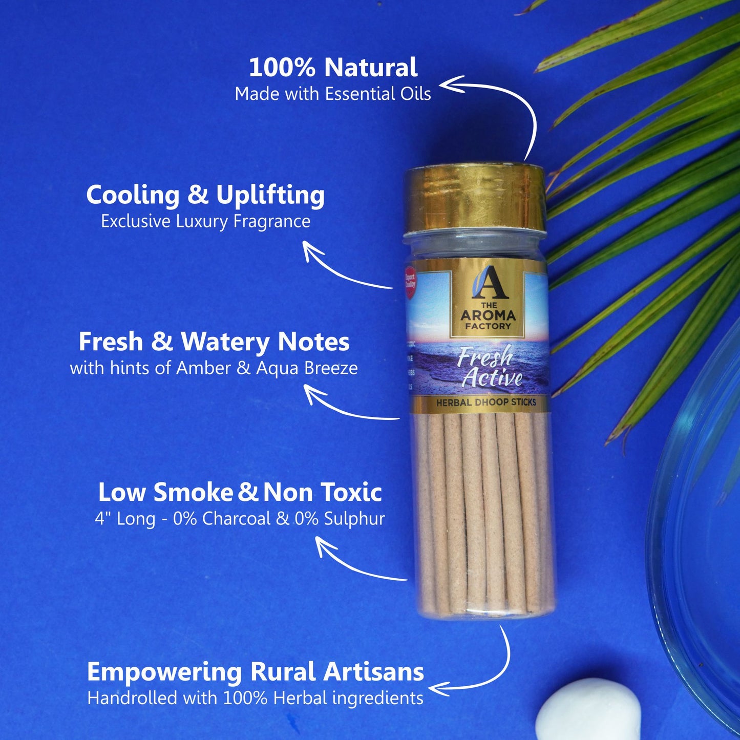 The Aroma Factory Fresh Active Dhoop Stick (0% Charcoal 0% Suphates) Herbal Incense Dhoopbatti Bottle Pack, 100 g