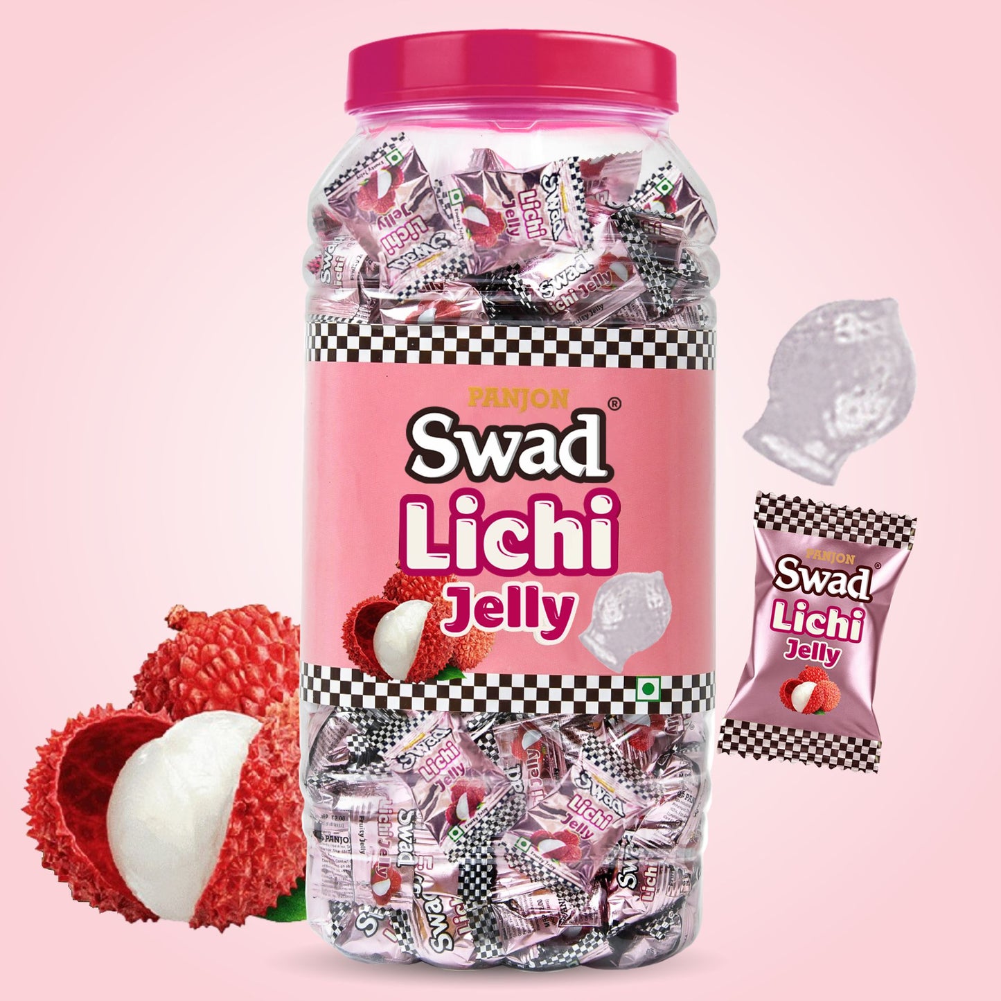Swad Litchi Jelly Candy, Soft & Chewy Lichi Fruit Sweets, 900g Jar