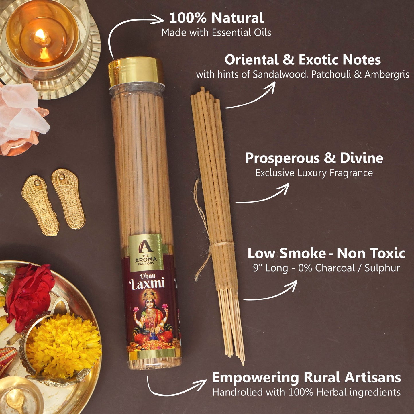 The Aroma Factory Dhan Lakshmi Incense Stick (0% Charcoal 0% Sulphates) Organic & Herbal Laxmi Bottle Pack, 100G