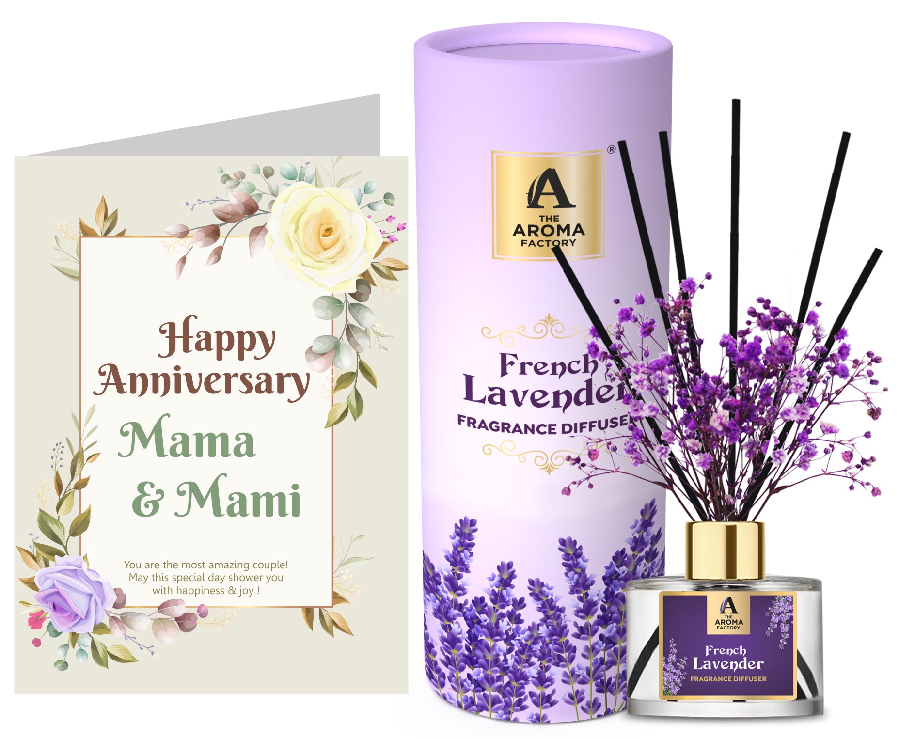 The Aroma Factory Happy Anniversary Mama & Mami Gift with Card, French Lavender Fragrance Reed Diffuser Set (1 Box + 1 Card)