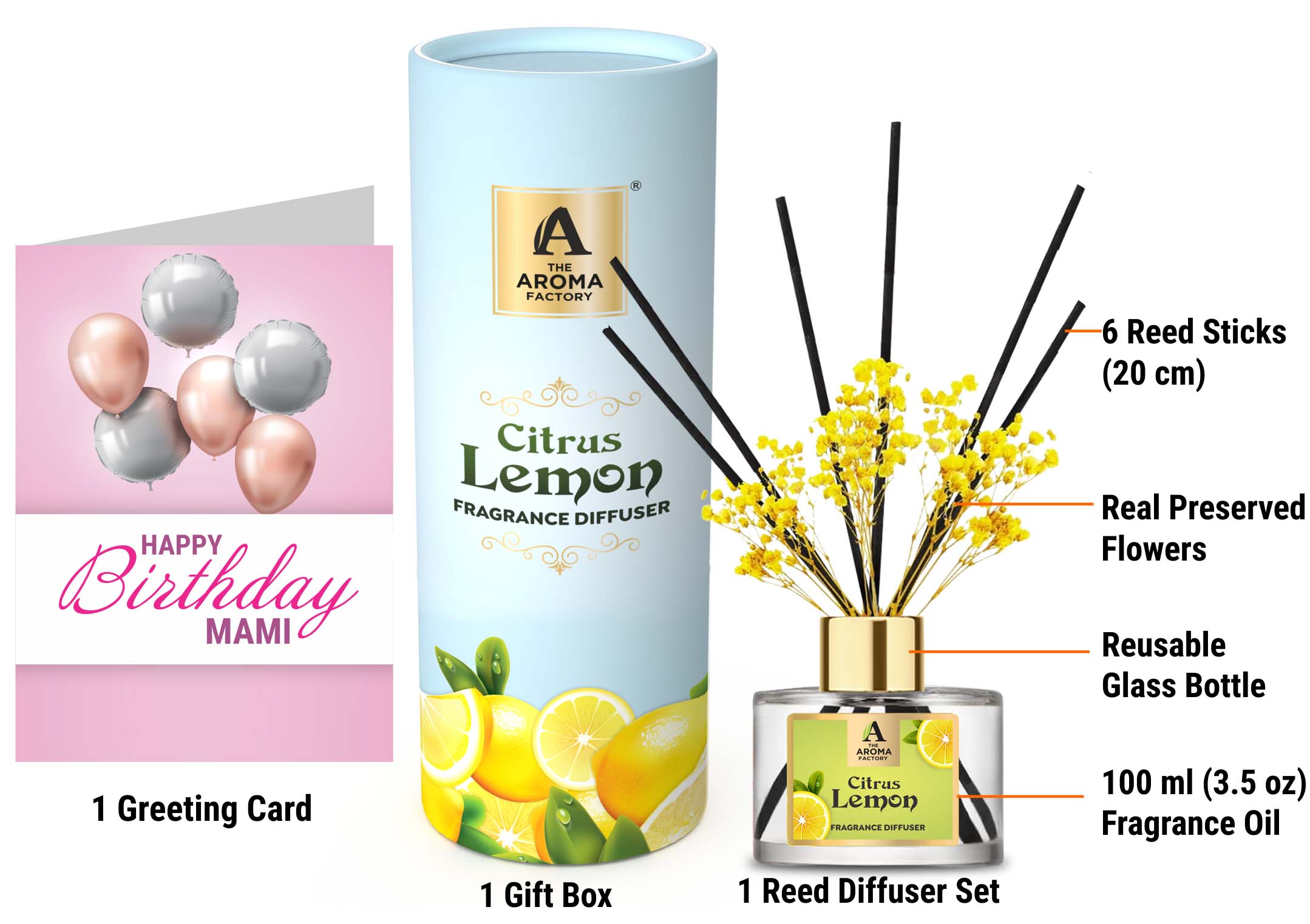 The Aroma Factory Happy Birthday Mami Gift with Card, Citrus Lemon Fragrance Reed Diffuser Set (1 Box + 1 Card)