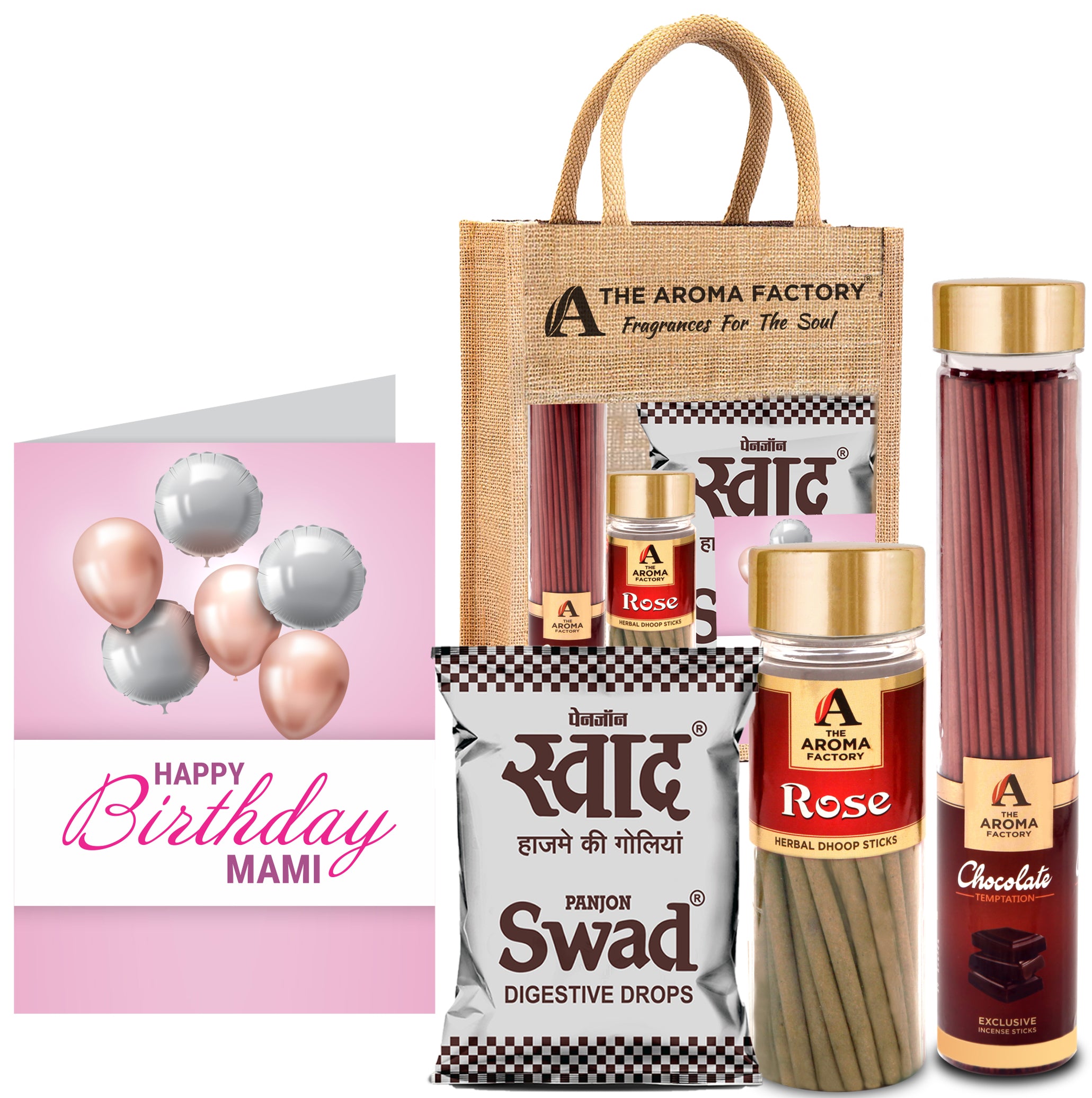 The Aroma Factory Happy Birthday Mami Gift with Card (25 Swad Candy, Chocolate Agarbatti Bottle, Rose Dhoopbatti) in Jute Bag