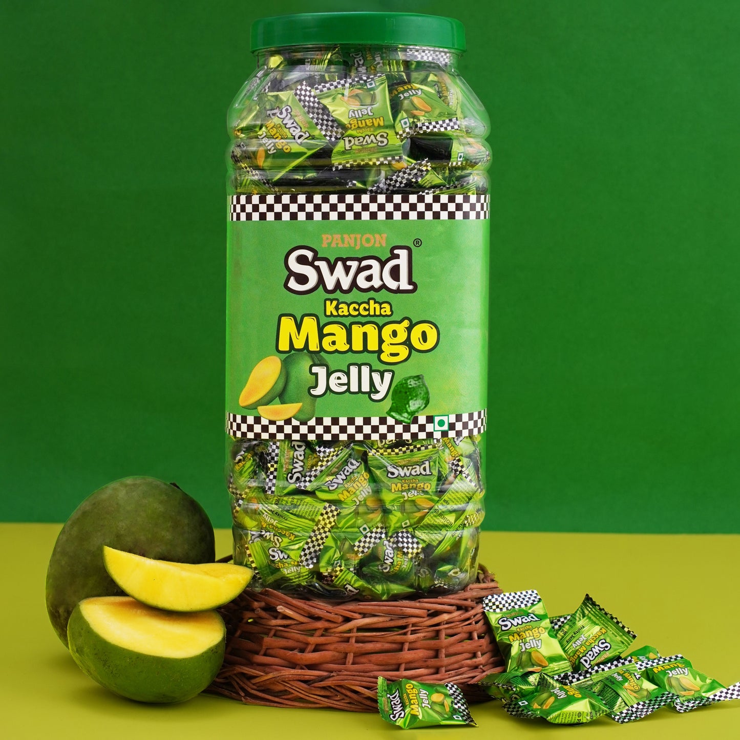 Swad Kaccha Mango Jelly Candy, Soft & Chewy Fruit Sweets, 900g Jar