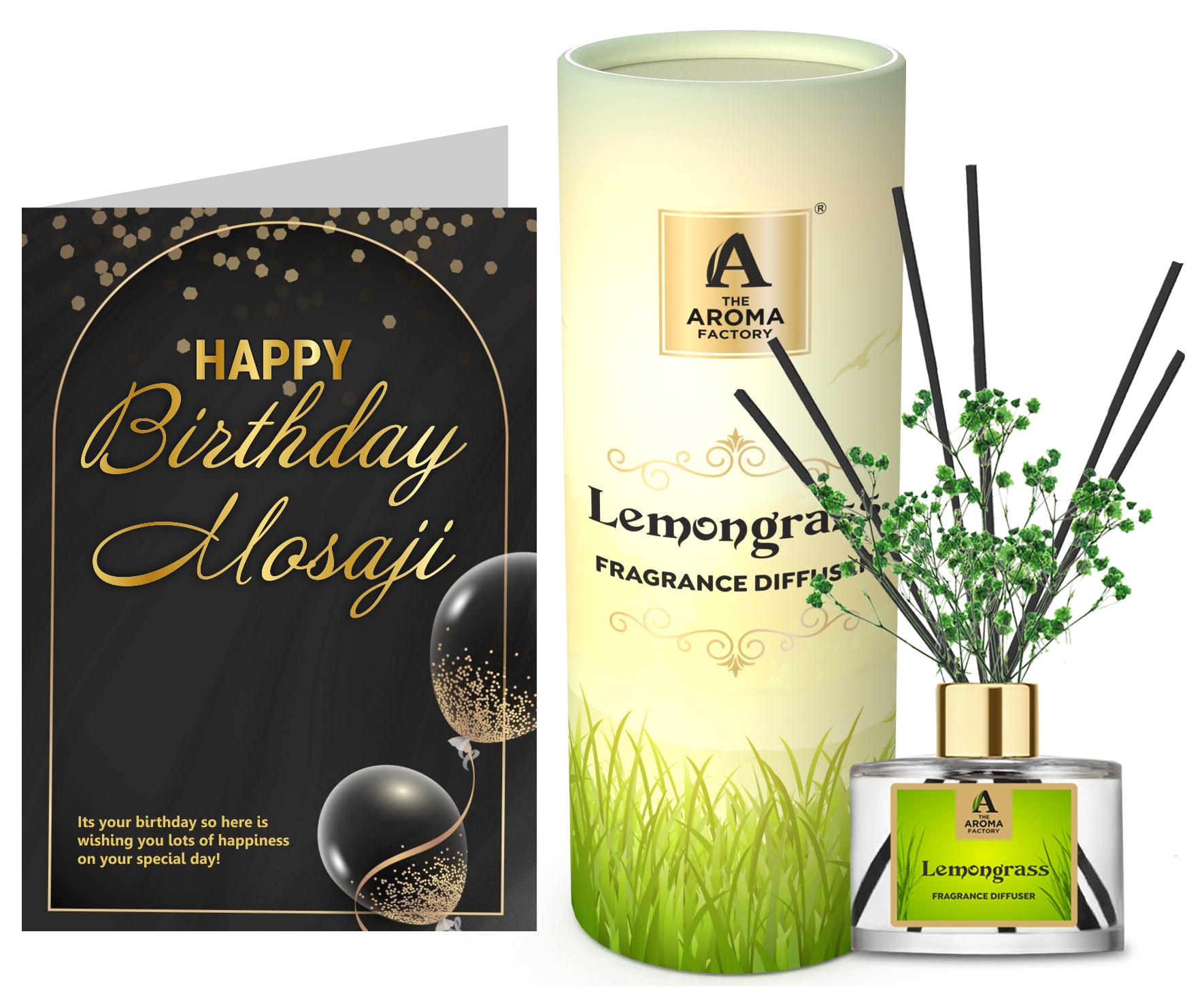 The Aroma Factory Happy Birthday Mosaji/Masaji Gift with Card, Lemongrass Fragrance Reed Diffuser Set (1 Box + 1 Card)