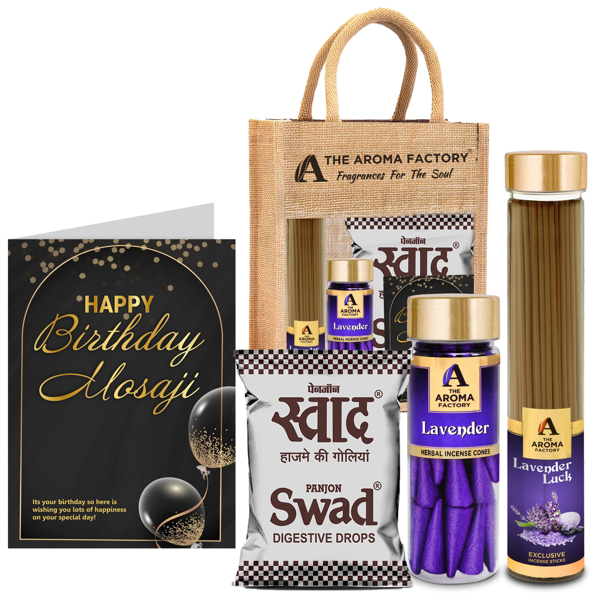 The Aroma Factory Happy Birthday Mosaji/Masaji Gift with Card (25 Swad Candy, Lavender Agarbatti Bottle, Lavender Cone) in Jute Bag